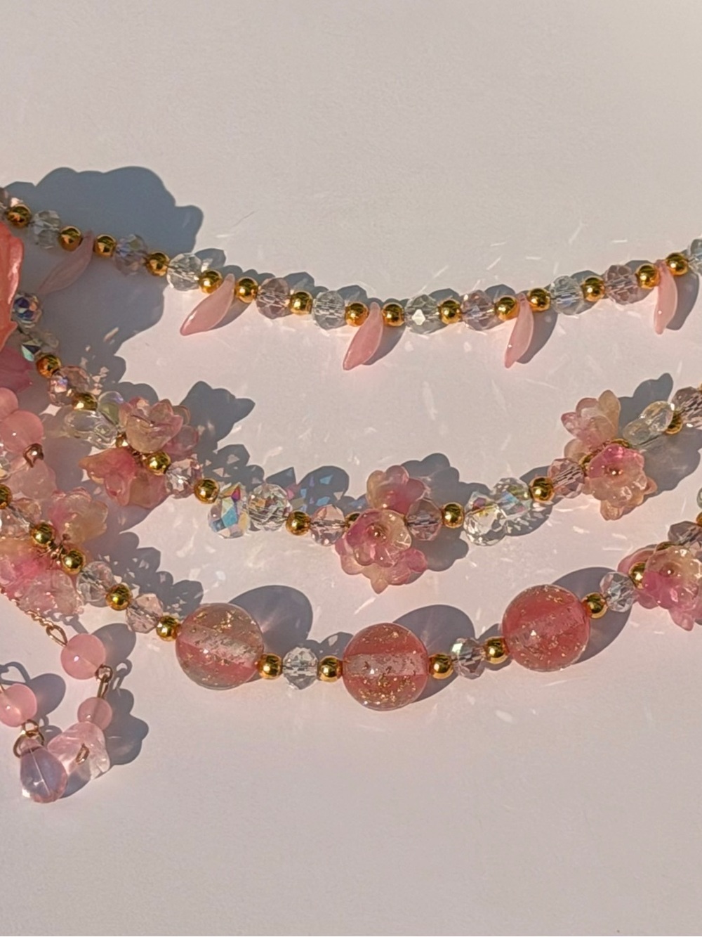 Delicate Pink Beaded Layered purse charm with Gold Accents